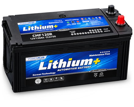 Lithium+ CMF120R battery: a black case with blue Lithium+ labels on the lid and the front, and a red + terminal beside a black − terminal
