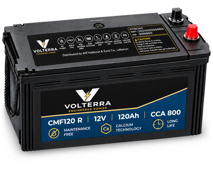 Volterra CMF120R battery: a black case with black and navy Volterra labels lettered in white and gold, and a red + terminal beside a black − terminal