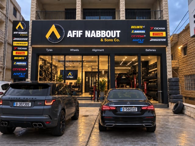 Afif Nabbout & Sons Co. branch in Amioun, with its sign lit, a brand pylon on the left and two cars parked in front