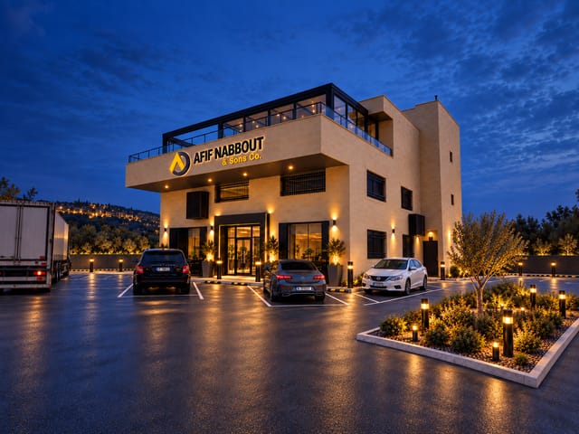 The Afif Nabbout & Sons Co. wholesale branch at night, a stone building with its sign lit, cars parked in front and a truck at the side