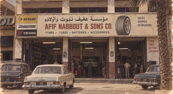 The Afif Nabbout & Sons Co. branch in Tripoli in the 1960s, its Arabic and English sign over three open service bays, staff at work inside and Mercedes cars parked outside