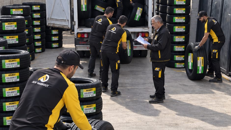 Staff in Afif Nabbout & Sons Co. uniforms loading Delinte tyres onto a truck