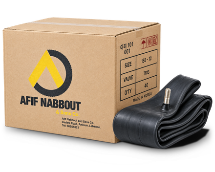 A folded black inner tube with a brass valve in front of its brown carton, which carries the Afif Nabbout & Sons Co. logo and a label: size 155-12, valve TR13, made in Korea
